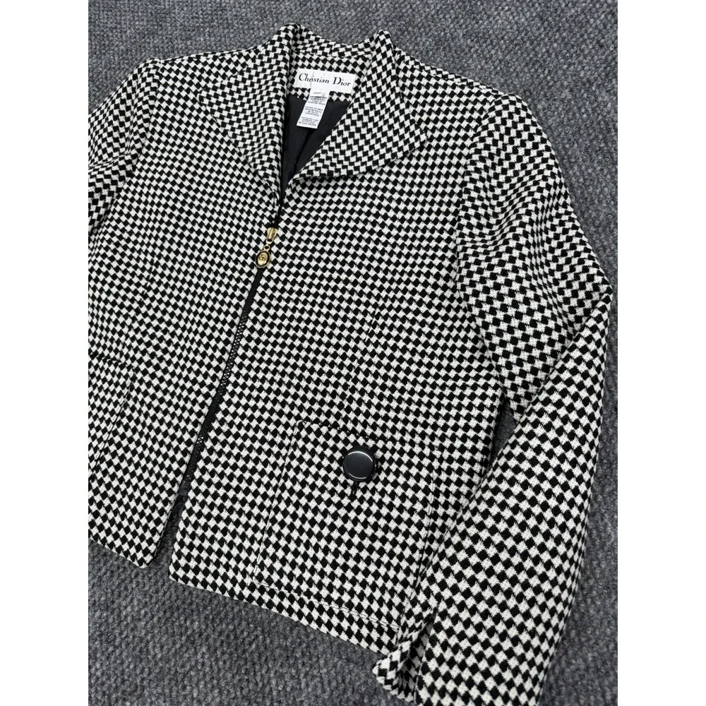 Vintage Christian Dior Women's 10P Crop Full Zip Houndstooth Jacket Blazer USA